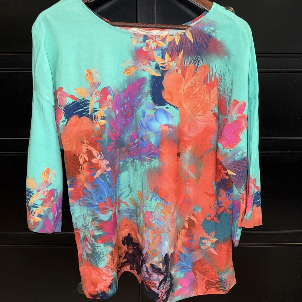 Soft Surroundings Women's S Marciana Watercolor Colorful Artsy Floral Blouse Top